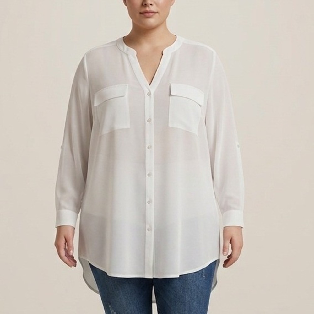 Sears Canada White Sheer Button Down Tunic Blouse Roll Sleeve Womens 1X 18W